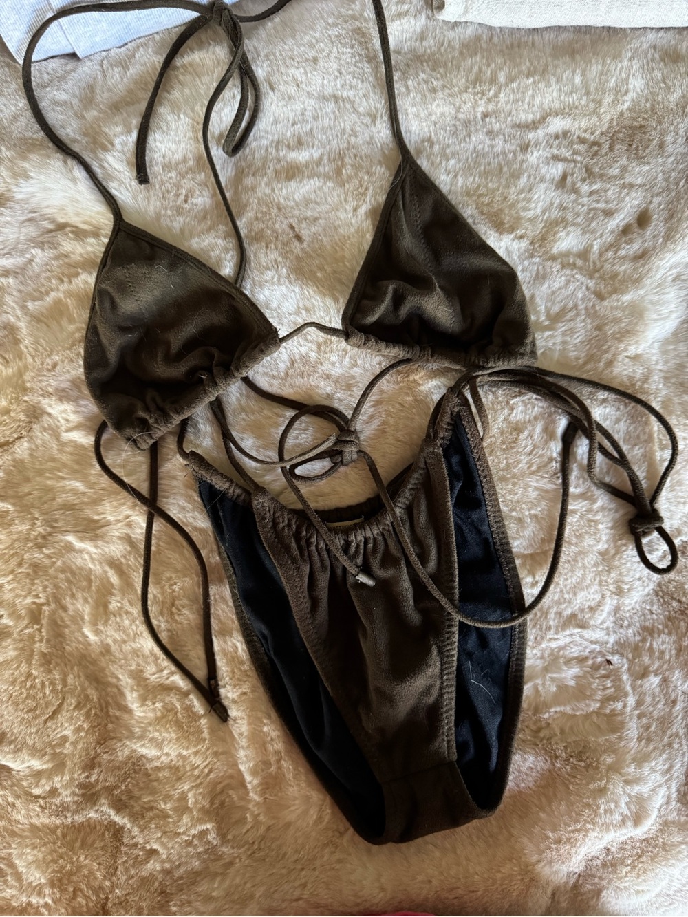 Max Studio Brown/olive green Velvet String Bikini Set XS